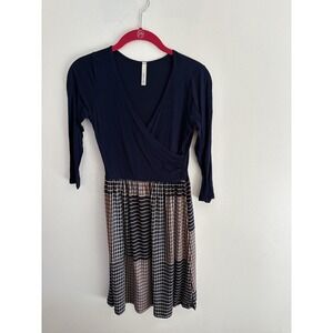 Gilli Womens Navy Blue Faux Wrap Geometric Print 3/4 Sleeve Dress XS GD4343
